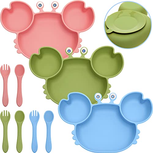 3 Sets Toddler Plates With Suction Crab Suction Plates For Baby Animal Baby Dishes Include 3 Divided Silicone Plates 3 Baby Food Spoons 3 Forks Toddler Plates For Feeding Eating Training, 3 Colors #TOP9