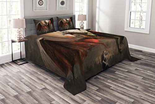 One-Day Sale: Up to 60% Off Lunarable Dragon Bedspread, Medieval Knight Against Fearful Dragon Spits Fire Fiction Monster Fantasy Themed, Decorative Quilted 3 Piece Coverlet Set with 2 Pillow Shams, Queen Size, Orange Brown