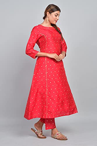Image of Riara Art Silk Women Long Anarkali Kurti with Pant Polka Dot A-line Ladies Ethnic Wear Dress