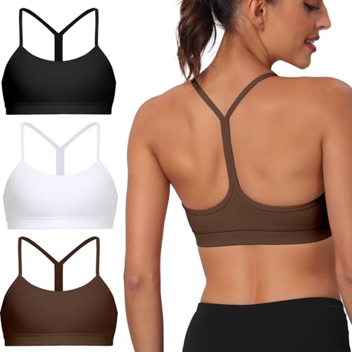 Image of Raxnode 3 Pack Women's Y-Back Sports Bra, Thin Spaghetti Strap Yoga Bralette with Removable Cups, Low Impact Wireless Bra