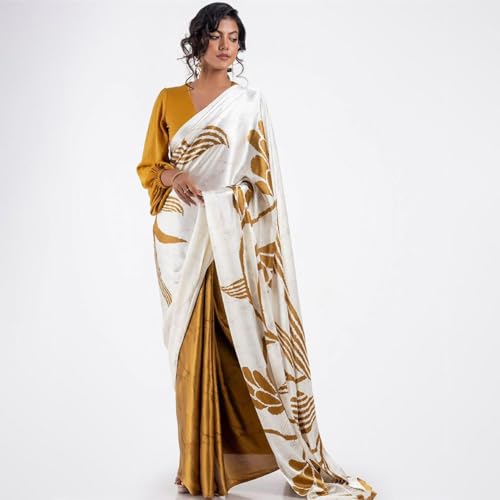 Image of Japan Satin Floral Print Saree for Women with Blouse Piece - Satin Finish Draped Saree