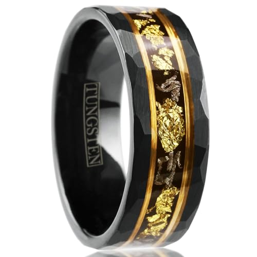 Beautiful 6mm/8mm Brushed Satin Finish Black Tungsten Carbide Faceted Flat Band Ring with Gold Leaf and Black Faux Meteorite Inlay between Rose Gold Stripes.