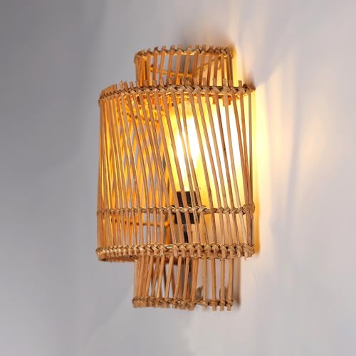 Image of Habere India-All the Cultures Fabricating India Wall Mount Lamps for Bedroom | Bedroom Lights for Wall | Lamp for Living Room | Rattan Lamp - (M: 30 * 25 * 14 cm)