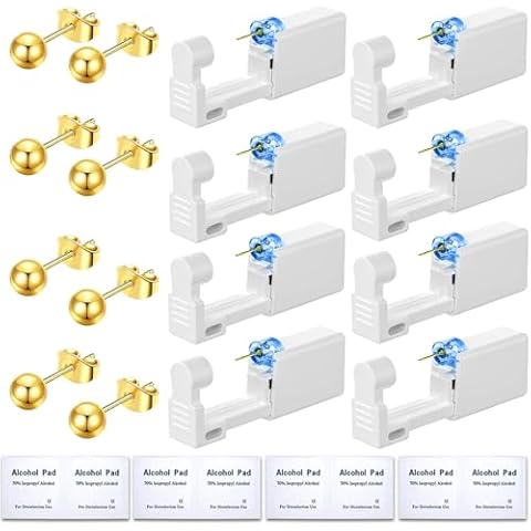24 Pcs Ear Piercing Kit Disposable Automatic and Painless Ear Piercing Gun with 8 Pcs Gold Earrings Stud With 3mm Diameter Ball With 8 Pcs Alcohol Pads Hypoallergenic Ear Studs Cover