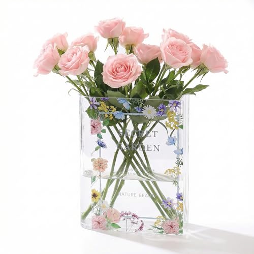 Book Shaped Acrylic Vase Modern Minimalist Decorative Flower Vase for Tulips & Bouquets Clear Book Vase for Bookshelf Living Room Bedroom & Office Desk