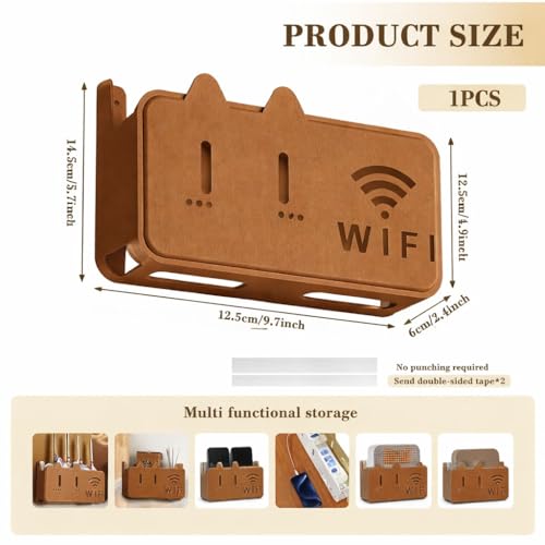 Image of Wall Mounted WiFi Router Storage Box with Cable Management, No Drill Adhesive WiFi Box Holder, Ventilated Router Stand Organizer for Modem, Power Strip & Set Top Box for Home Office Use (Brown)