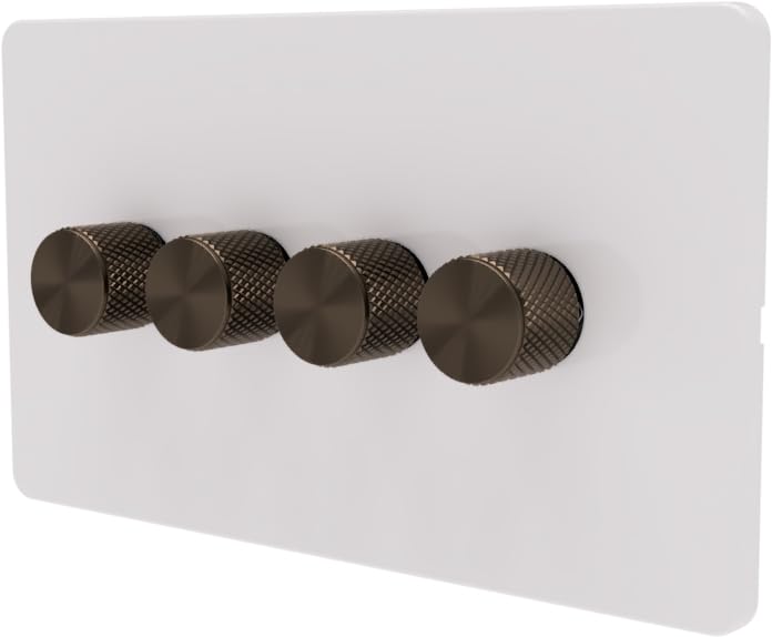 SAMOTECH Smart Matter Dimmer Switch Push On/Off-Rotary control for LED and Halogen Lights - Plastic Faceplate & Metallic Knob - White/Brass 4-Gang