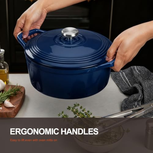 Image of Overmont Enameled Cast Iron Dutch Oven - 5.5QT Pot with Lid Cookbook & Cotton Potholders - Heavy-Duty Cookware for Braising, Stews, Roasting, Bread Baking Midnight Sapphire