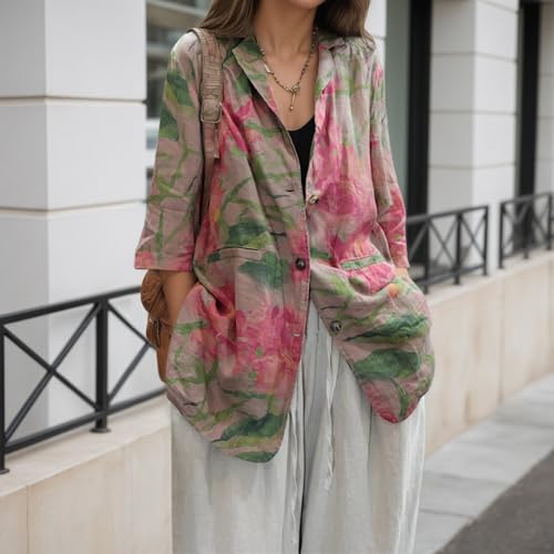 Women's Boho Cotton Linen Blazer Floral Print 3/4 Sleeve Notch Lapel Collar Loose Fit Casual Jacket with Pockets2