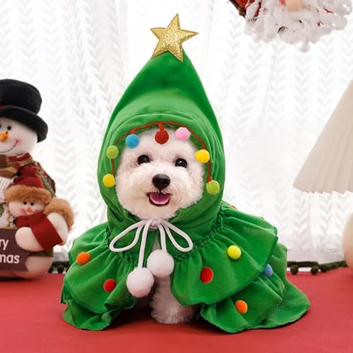 XIMISHOP Weihnachtskostüm Katzen Hunde Umhang,Katzenbekleidung Weihnachtsbaum Umhang Mit Design Stern und Bommel Klassische Grün Weihnachtskleidung Für Weihnacht Haustier Party