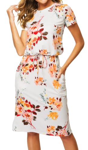 Image of Simier Fariry Womens Summer Hide Belly Knee Length Travel Dress Pocket Short Sleeve Midi Work Casual Outfits