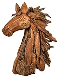 ▪ ; AUBRY GASPARD - Tête de Cheval en Teck Sculpté à la Main - Hauteur 92 x Longueur 100 x Profondeur 41 cm - Statue Artisanale Unique - Livrée Montée - Finition Naturelle avec Fissures Authentiques