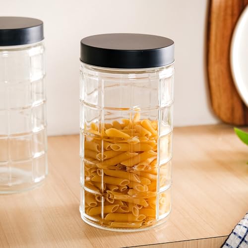 Image of Nestasia Glass Jars for Kitchen Storage Set of 4 (1.9L Each) - Square Textured Food-Safe Transparent Jars with Airtight Lid | Perfect for Kitchen Pantry, Pickles, Pulses, Dry Fruits & Snacks Storage