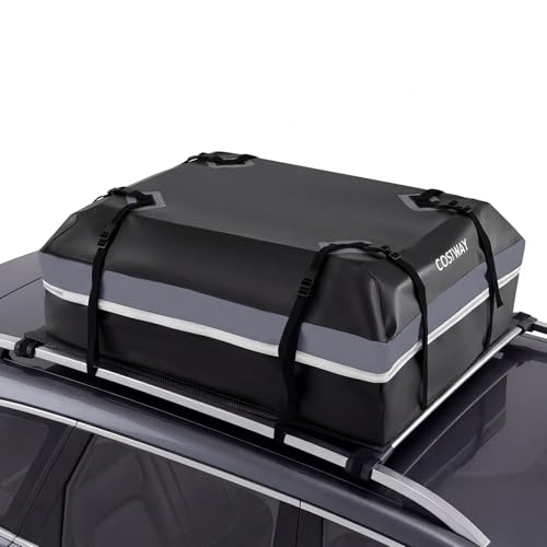 COSTWAY Bolsa de Techo para Coche 450L, Cofre Techo para Coche Universal e Impermeable de PVC con 6 Ganchos,10 Correas de Fijación,Bandas Reflectantes y Bolsa de Transporte (112 × 86 × 45 cm,Gris)