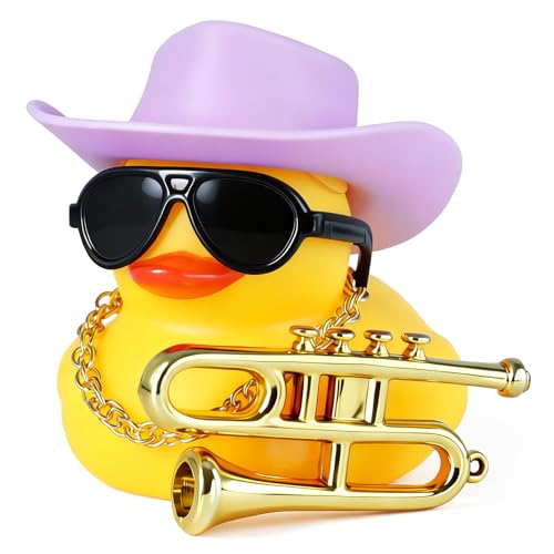 BOZILY Funny Saxophone Rubber Duck Car Decor with Purple Cowboy Hat, Sunglasses & Gold Necklace - Dashboard Ornament Accessories, Squeak Sound, DIY Assembly for Vehicle Interior