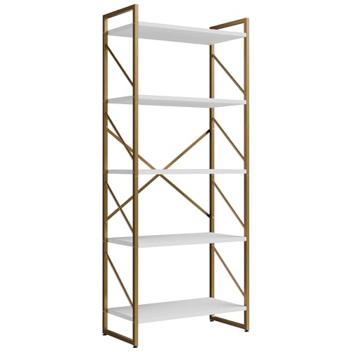 Shintenchi 5 Tiers Bookshelf, Classically Tall Bookcase Shelf,Industrial Book Rack,Modern Book Holder in Bedroom/Living Room/Home/Office, Storage Rack Shelves for Books/Movies,Gold