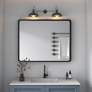 OKPAL 40 inch Bathroom Mirror, 40x32 Black Framed Wall Hanging Vanity Mirror, Modern Rounded Corner Rectangle Mirror(Horizontal/Vertical)