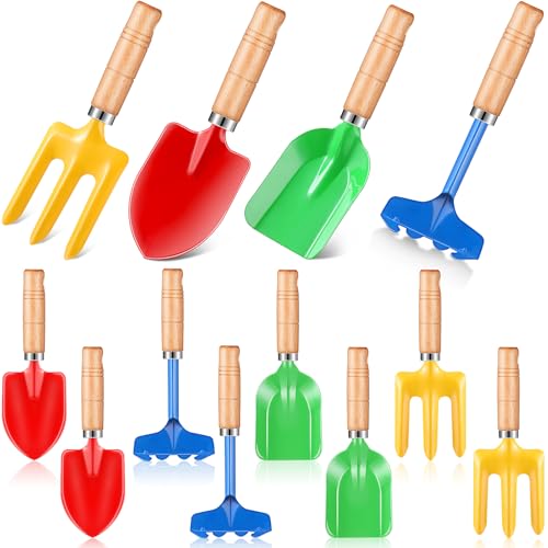 12 Pcs Kids Gardening Tools Metal Garden Beach Sandbox Digging Toys Including Shovel, Rake, Fork and Trowel, Garden Beach Sand Tools with Wooden Handle Hoe for Children Gift Outdoor Gardening
