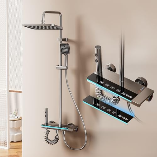 Juanya Columna de Ducha con Pantalla LED Digital y Pantalla Horaria, Sistema de Grifería de Altura Ajustable Integrando Ducha Bidet, Equipado con Botones Piano