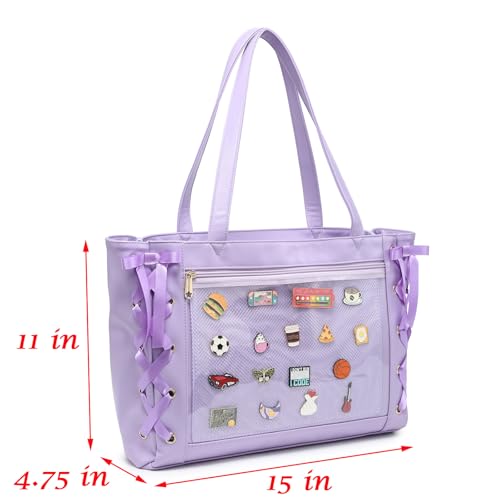 Image of Silk Ribbon Tote Bag Ita Bag Shoulder Bag Faux Leather Kawaii Purses and Handbags with Pin Display