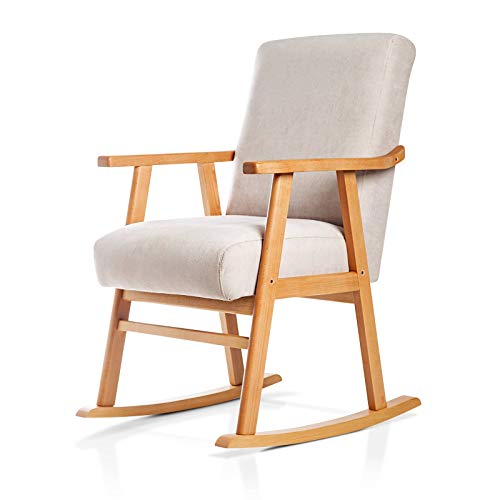 SuenosZzz-Edward Sillón tapizado balancin Lactancia. Tapizado Antimanchas Acualine Rio, Color Beige. Balancin de Madera de Haya, Color Natural