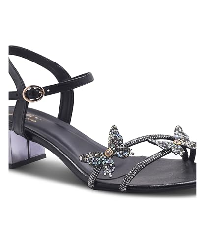 Image of JM LOOKS Butterfly Heels Heeled Sandals Rhinestone Crystal Butterflies Heels Open Round Toe low Block Heels 2 Inch Women's Ankle Strap Shoes