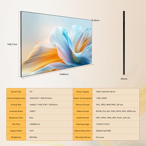 Image of Digital Signage Display 75 inch Wall Mount Digital Menu Board for Restaurants and Stores Advertising Screen 500 nits Ultra-High Brightness 4K UHD Free Web Content Editor Android 4GB + 64GB