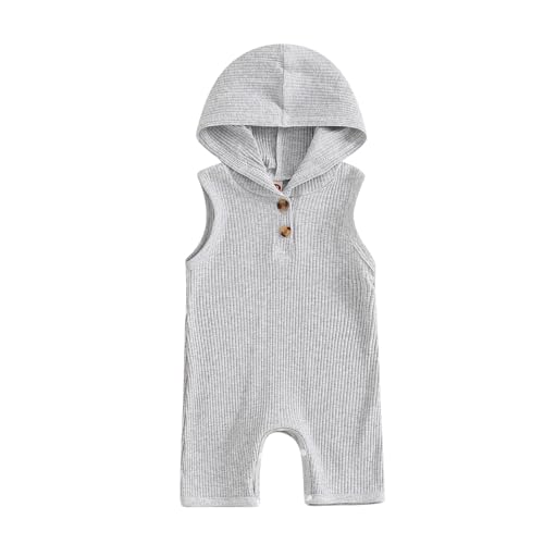 Image of Ynibbim Winter Newborn Baby Boy Girl Solid Romper Unisex Infants Hooded Outfit Clothes Waffle Cotton Button Jumpsuits