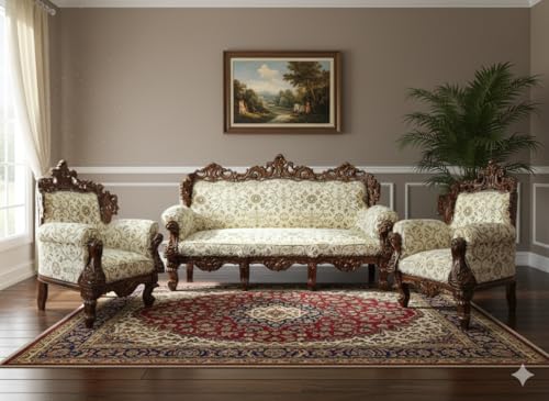 Image of Wooden 5 Seater Sofa Set, Solid Wood Sofa |3+1+1 with Traditional Carving Design Furniture for Living Room | Home | Bedroom | Office Seating