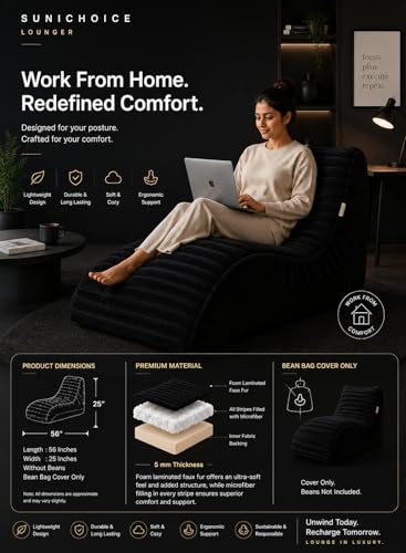 Image of Mollismoons Faux Fur Bean Bag Chair Cover for Adults & Kids | Luxury Lounger & Round Floor Sofa Seating | Modern Cozy Feel | No Beans Included (Black, Lounger)