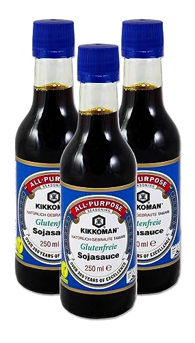 [3x 250ml] KIKKOMAN Tamari Salsa de soja sin gluten / Salsa de soja SIN SUPLEMENTO DE TRIGO + una pequeña muñeca con suerte - muñeca de madera