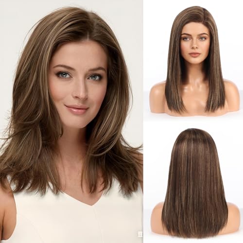 Image of 5x5 Lace Front Wigs for women,Human Hair Blonde Straight Glueless with Free Part & Pre Plucked Natural Hairline 16 Inch(Dark Brown Highlights)