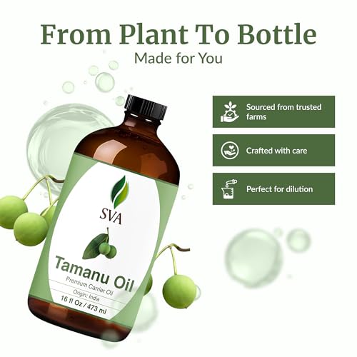 Image of SVA Tamanu Carrier Oil, Huge Glass Bottle, Large Size, 16 Fl Oz (473 ml) | Tamanu Oil for Face Care, Skin Care, Facial Oil, Hair Care, Scalp Massage, Body Massage, Dilution & DIY Beauty Blends