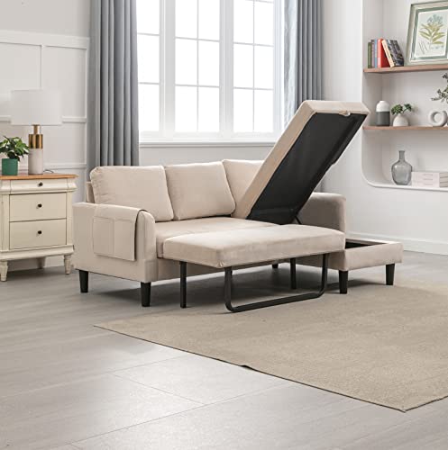 Modern Velvet Pull Out Sleeper Sofa Bed With Chaise, Comfy L Shaped Convertible Sleeper Couch With Storage And Pocket, Sectional 3 Seat Couch For Living Room Furniture Or Office, Smooth Back - Beige #TOP5