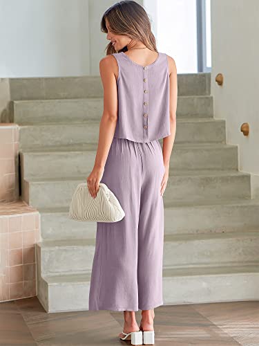 Image of ANRABESS Women's Summer 2 Piece Outfits Sleeveless Tank Crop Button Back Top Cropped Wide Leg Pants Set Pockets