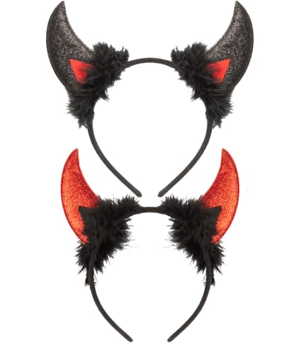 Funcredible Black Devil Horns and Red Devil Horns Headband Set | Glitter Devil Ears Headband | Devil Costume Accessories | Halloween  Fancy Cosplay Outfit Accessories for Women, Men and Kids (2 PCS)