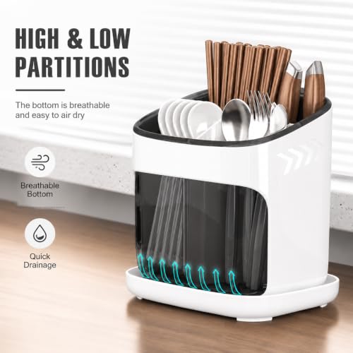 Image of Cutlery Holder with Drainage Tray | Kitchen Cutlery Organizer with Removable Partition | Large Capacity Countertop Storage Caddy (White)