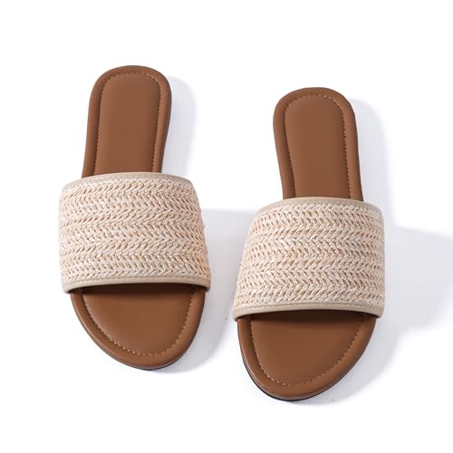 Mtzyoa Women Flat Sandals Braided Leather Nude Summer Dressy Fashion Evening Party Wedding Sandals - Main Image