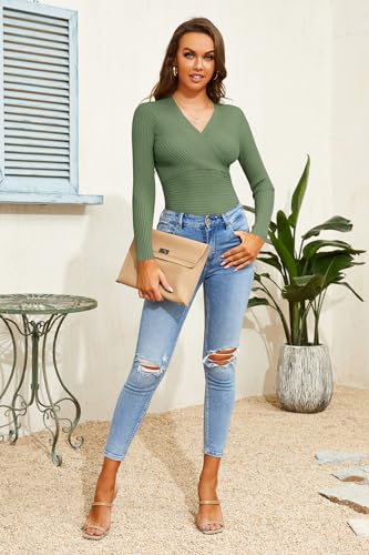 Image of Fangetey Womens Deep V Neck Sexy Wrap Sweater Long Sleeve Slim-Fitted Knitted Jumper Top