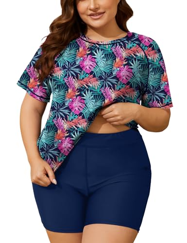 COOTRY Womens 2 Piece Plus Size Rash Guard Swimwear Short Sleeve Swimsuits Bathing Suit Swim Shirt and Shorts UPF 50+ Floral B 3XL