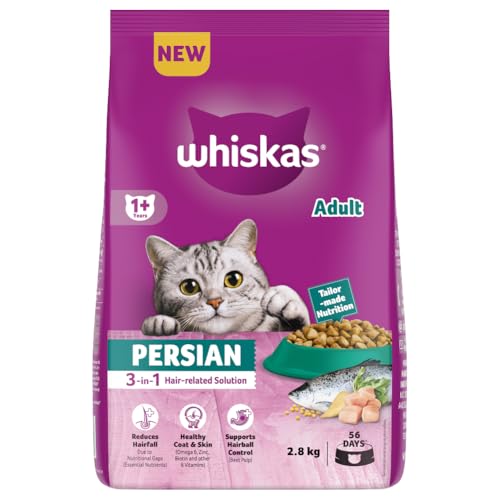 Image of Whiskas Persian Adult (1+ Years) Dry Cat Food, 2.8kg, 100% Complete & Balanced Tailor Made Nutrition, Reduces Hairfall, for Healthy Coat & Skin