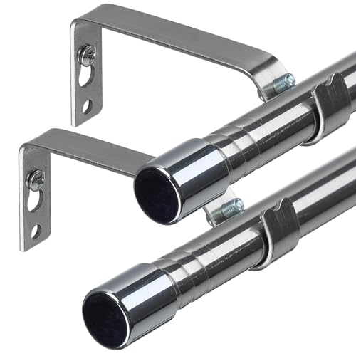 Curtain Poles for Window, Single Curtain Rod with Silver Finials 76 to 116 cm, Adjustable Silver Curtain Pole with Brackets Fittings Set for Living Room & Door, 2 Pack