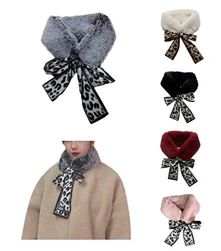 Infinity Scarf, Ruglush Faux Fur Scarf for Women, Super Soft, Stretchy and Lightweight Winter Shawl Neck Warmer, With Silk Ribbon, Gray