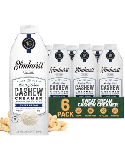 Elmhurst 1925 Sweet Cream Cashew Creamer - Dairy-Free, Vegan, Kosher, Low Sugar, Shelf Stable Creamer Made with Cashew & Oat Milk for Healthier Coffee, Latte and Smoothies - 25.4 Ounce (Pack of 6)