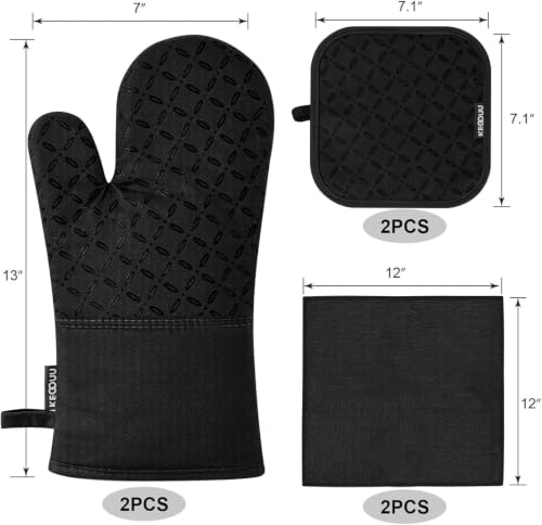 Image of KEGOUU Oven Mitts and Pot Holders 6pcs Set, Kitchen Oven Glove High Heat Resistant 500 Degree Extra Long Oven Mitts and Potholder with Non-Slip Silicone Surface for Cooking (Black)