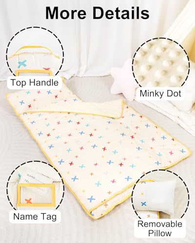 Image of Primlect Thickened Toddler Nap Mat with Removable Pillow and Minky Blanket, Extra Large 55''x35'' Sleeping Bag, Washable, Roll up, Perfect for Daycare, Preschool, Kindergarten, Boys and Girls Beige