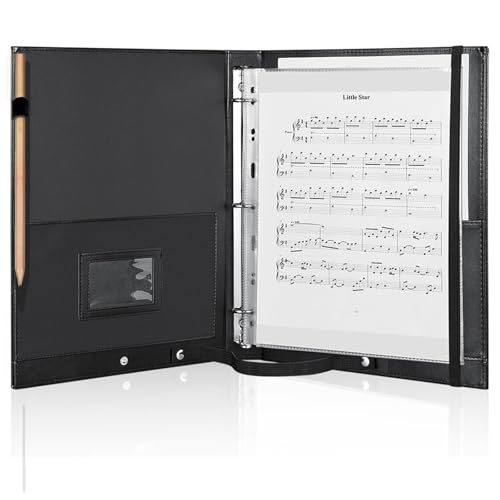 MUDOR Premium Choral Muisc Folder, PU Choir Folder with Hand Strap and Internal Retention Strap,3 Ring Black Choir Binder for Musician, Singer, Stage Performance