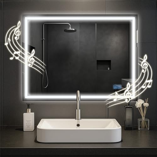 CLP Specchio da bagno Jaffrey, altoparlante Bluetooth, antiappannamento, specchio da parete con illuminazione a LED, dimmerabile, Dimensione:60x80 cm