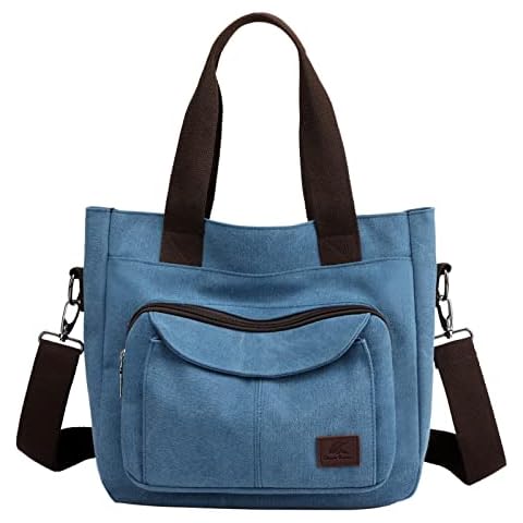 ZHIERNA Canvas Tote Purse for Women, Vintage Crossbody Canvas Shoulder Bags, Multi-pocket Top Handle Work Bag, Blue, L, Canvas Shoulder Bag Cover