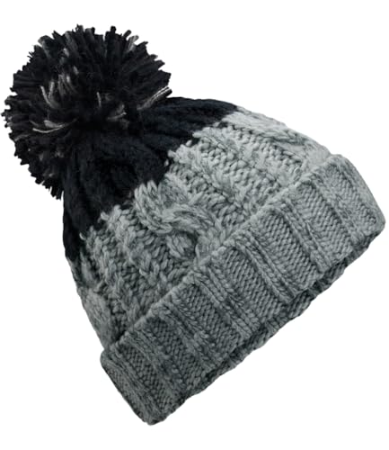 ASVP Shop Corkscrew Cable Knitted Bobble Hat Plain Mens Womens Beanie Warm Winter Pom Wooly Cap (Light Grey/Black)